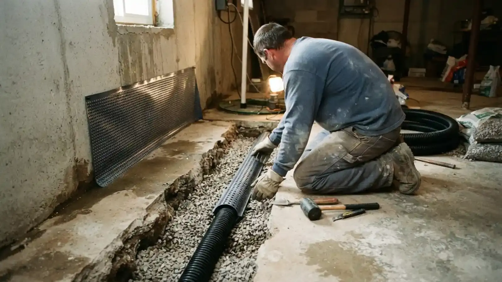 Worker laying drain pipe along a basement wall