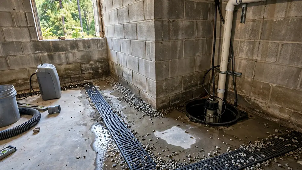 Basement drain channel with gravel leading to a sump pit