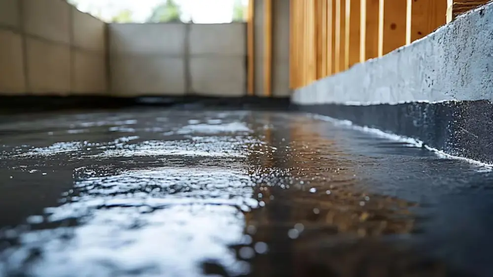 Waterproof membrane on a basement floor and wall