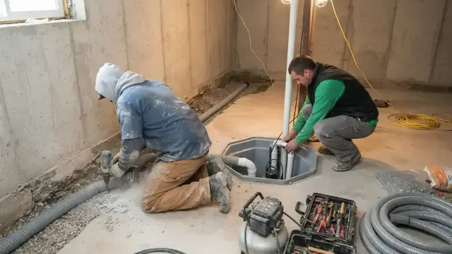 Two workers installing drain pipe and a sump pit in a basement