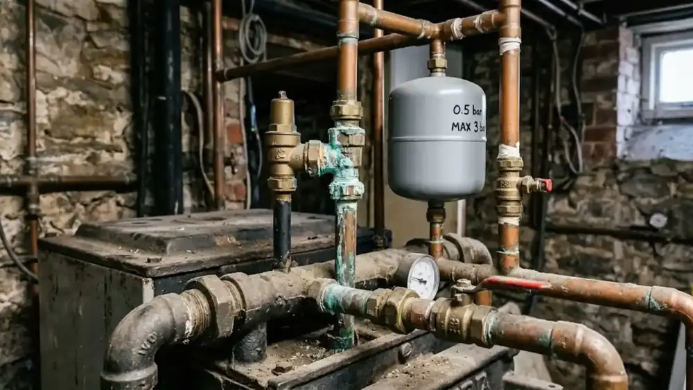 Boiler piping with a pressure gauge in a basement