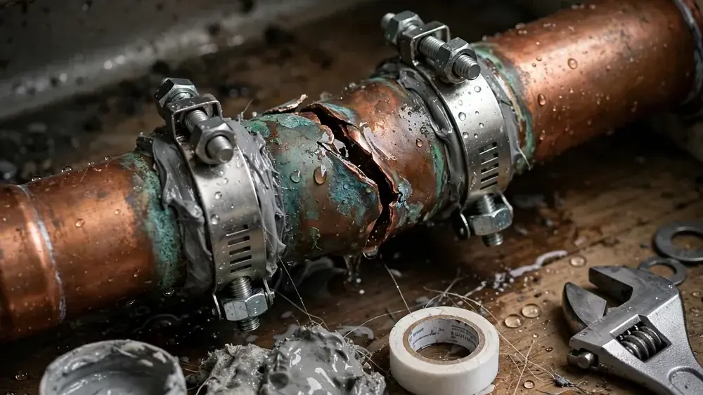 Copper pipe repaired with clamps