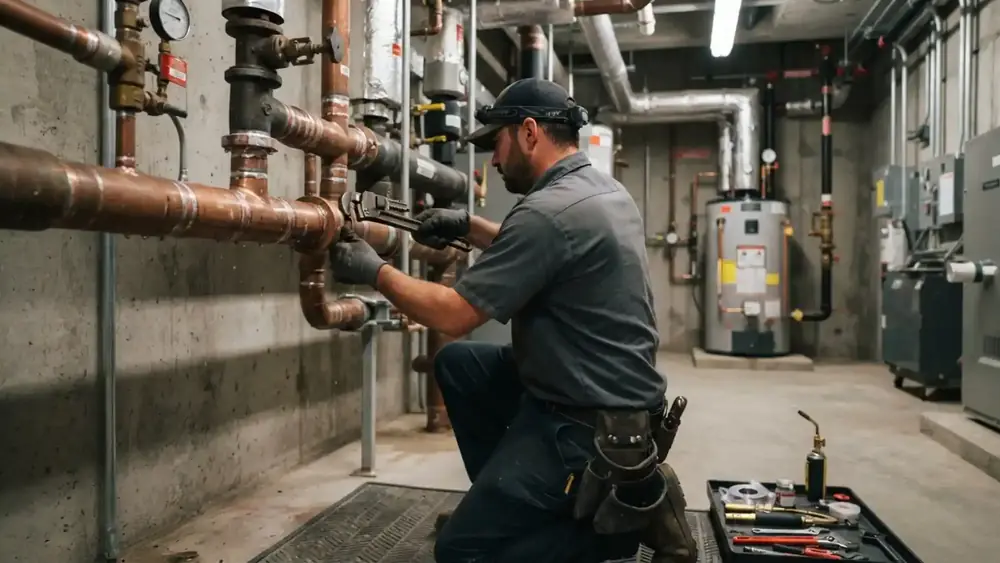 Plumber tightening a fitting on large copper piping