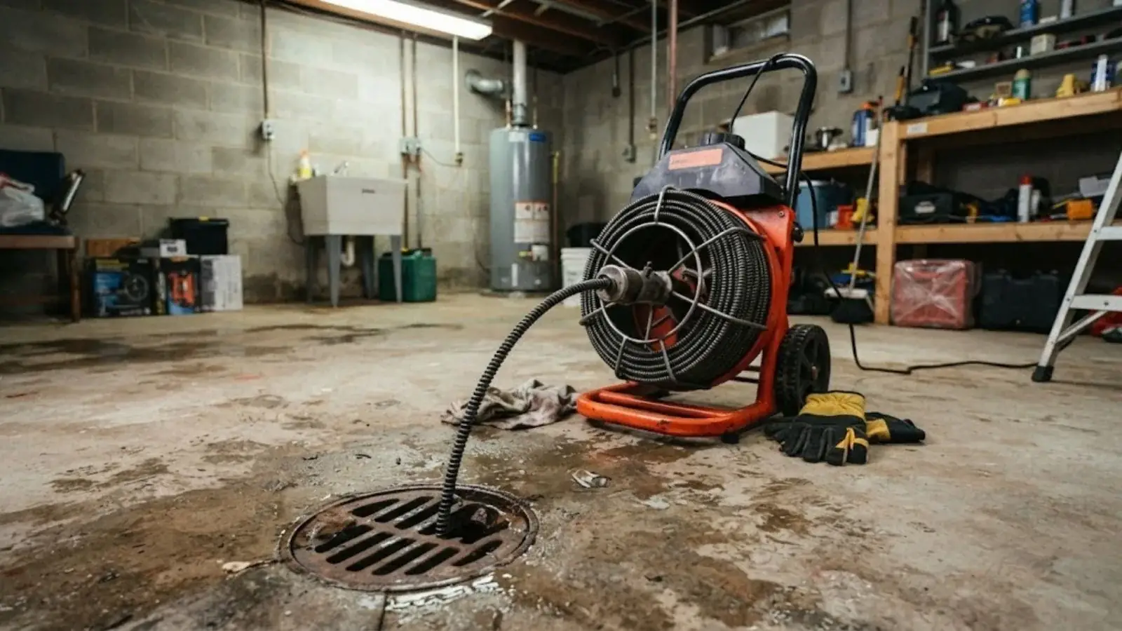 Drain cable machine feeding into a basement floor drain