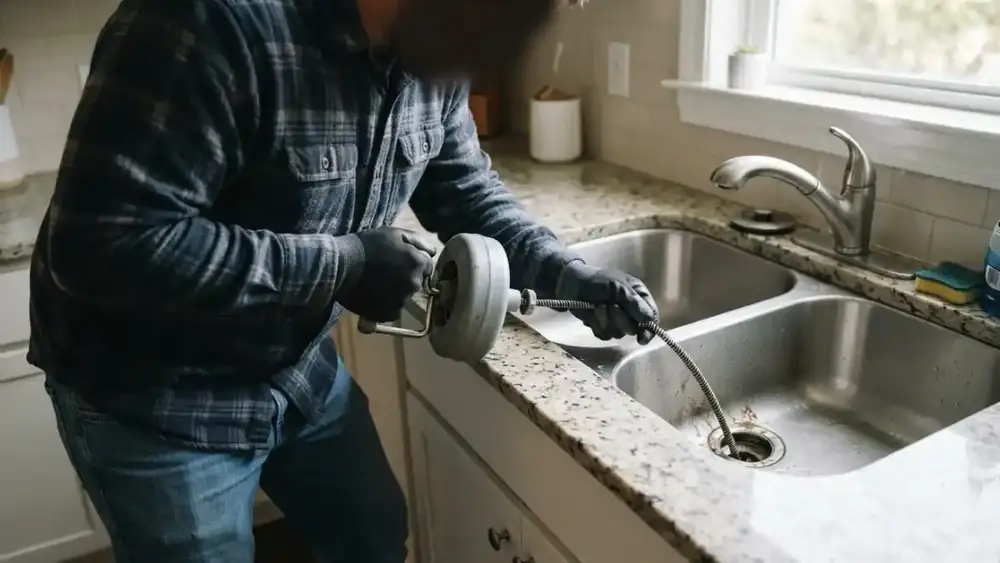 Plumber clearing a kitchen sink drain with a hand auger