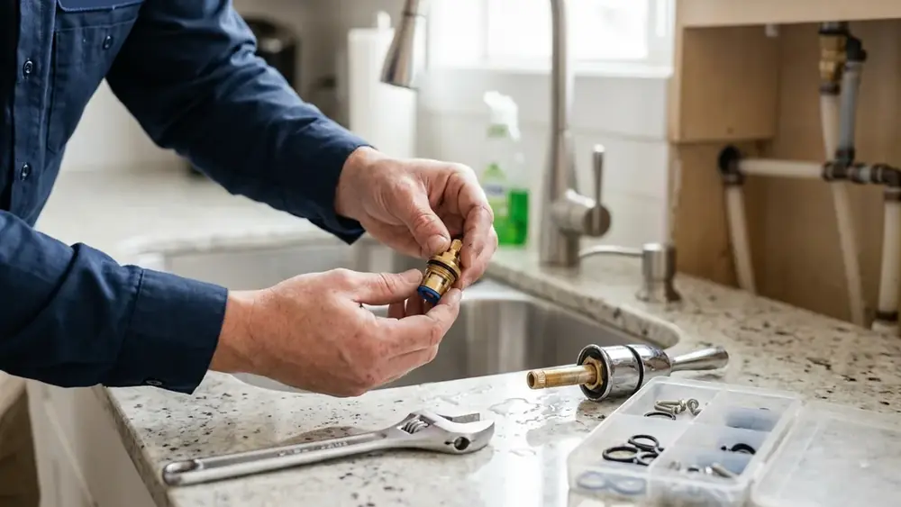 Hands holding a faucet cartridge beside a wrench