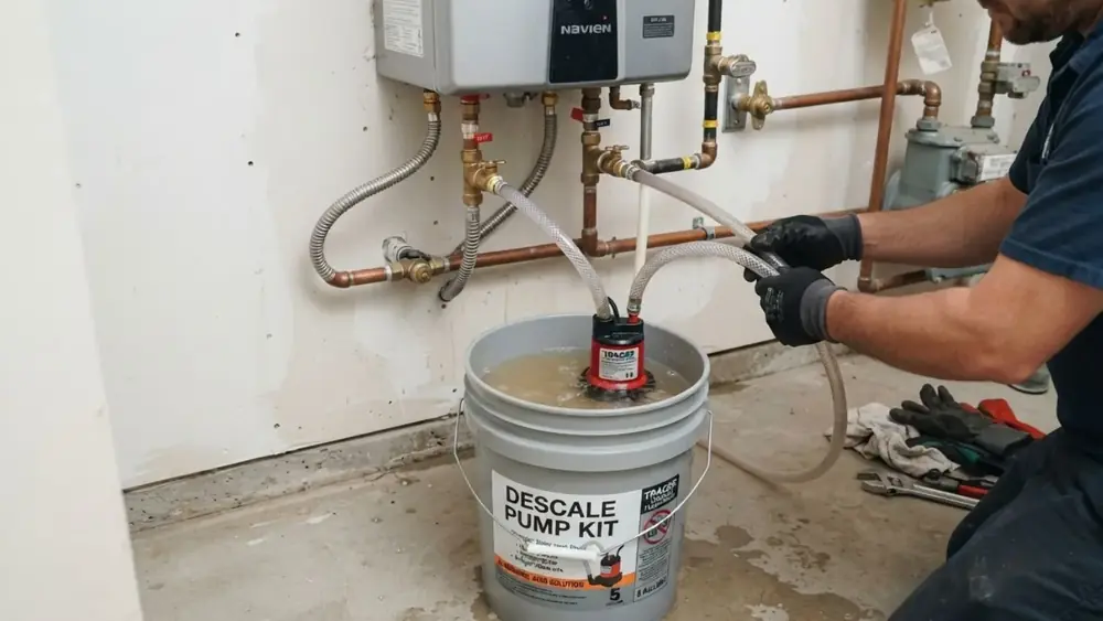 Hoses and a bucket connected to a tankless water heater for flushing