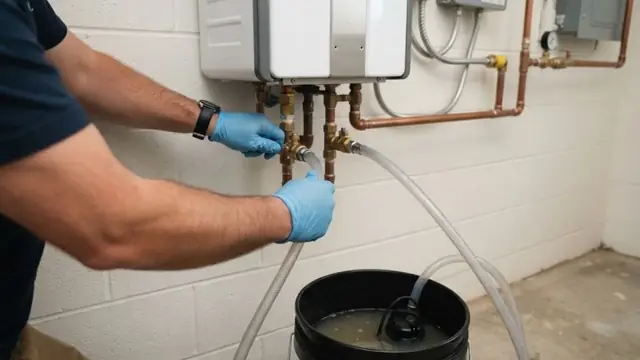 Plumber flushing a tankless water heater into a bucket