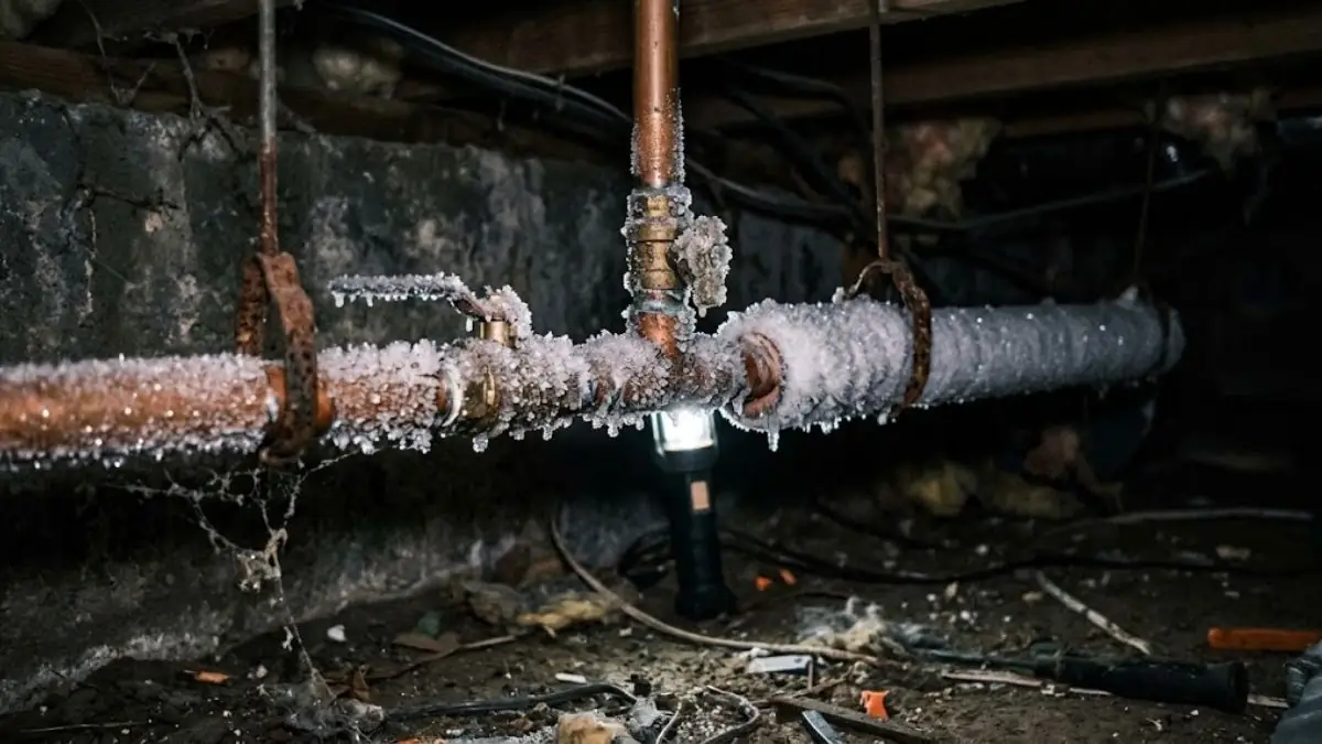 Frosted pipe in a basement crawl space