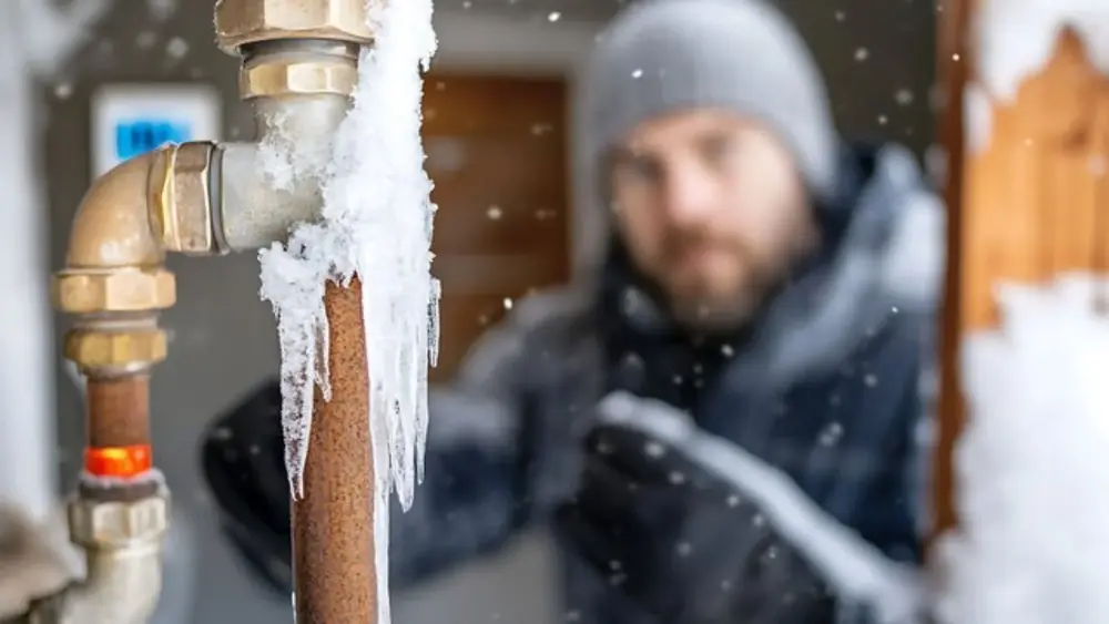 Man looking at icicles forming on a pipe