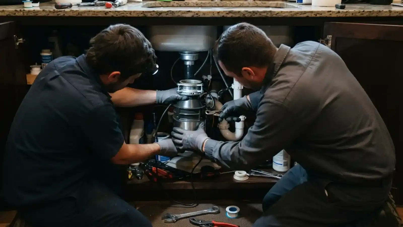 Two plumbers servicing a garbage disposal under a sink