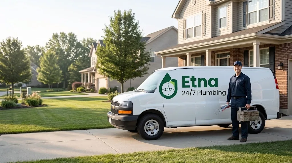Etna 24/7 Plumbing service van parked in a driveway with a plumber standing beside it