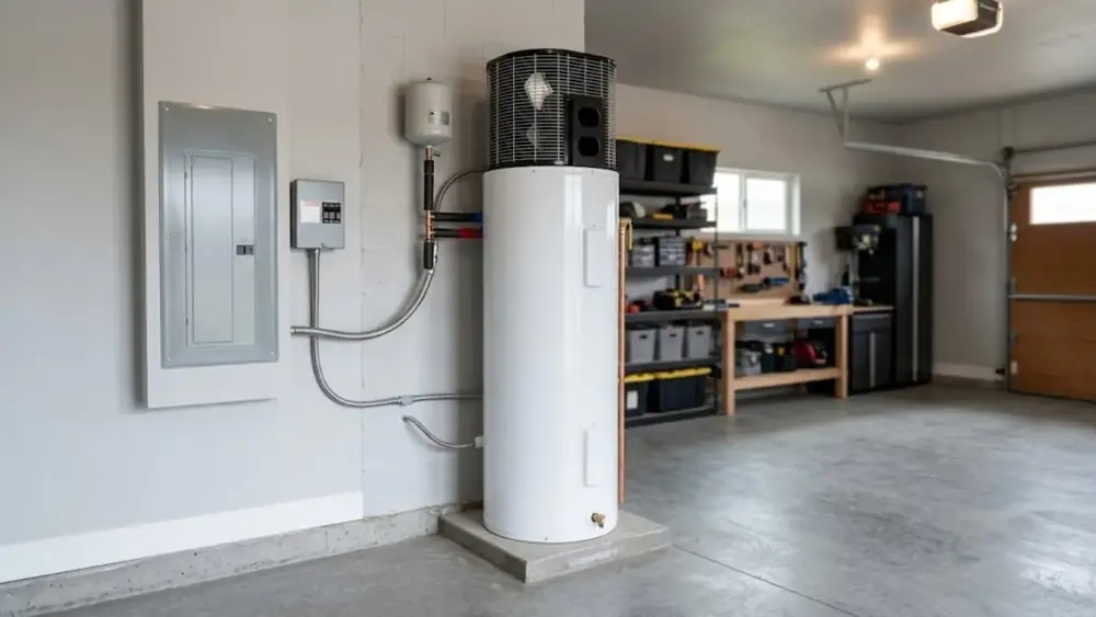 Heat pump water heater in a garage beside an electrical panel