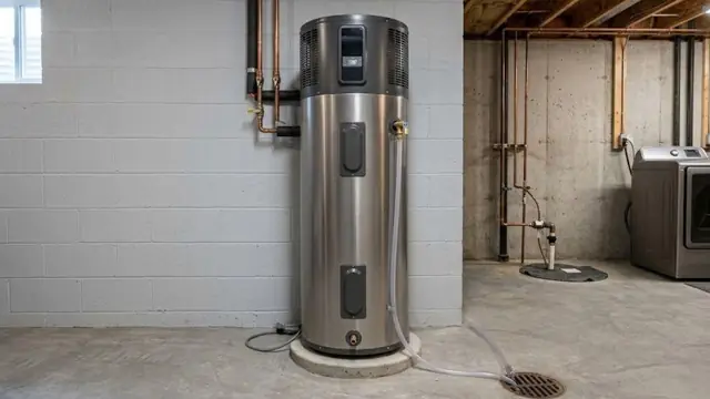 Heat pump water heater standing in a basement