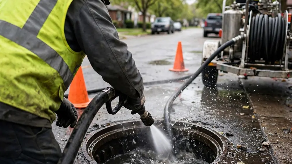 Worker feeding a jetting hose into a sewer access cover