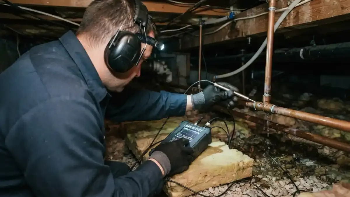 Technician listening for a leak in a crawl space
