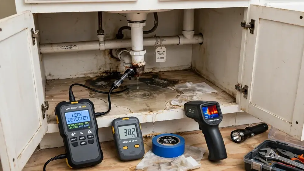 Leak detection tools laid out under a sink