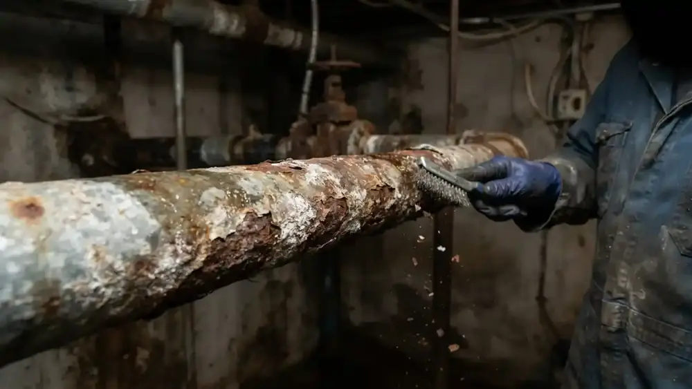 Corroded galvanized supply pipe in a basement