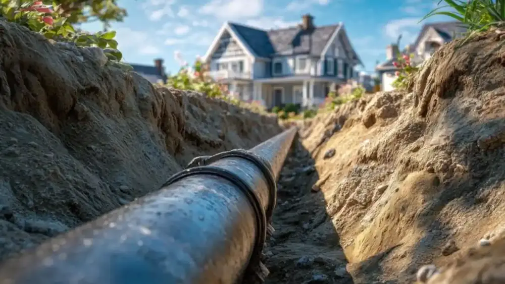 Dark sewer pipe lying in a trench in front of a house