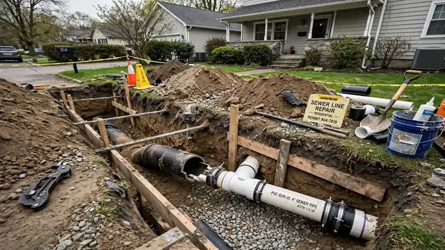Trench with a new sewer pipe being laid beside a house