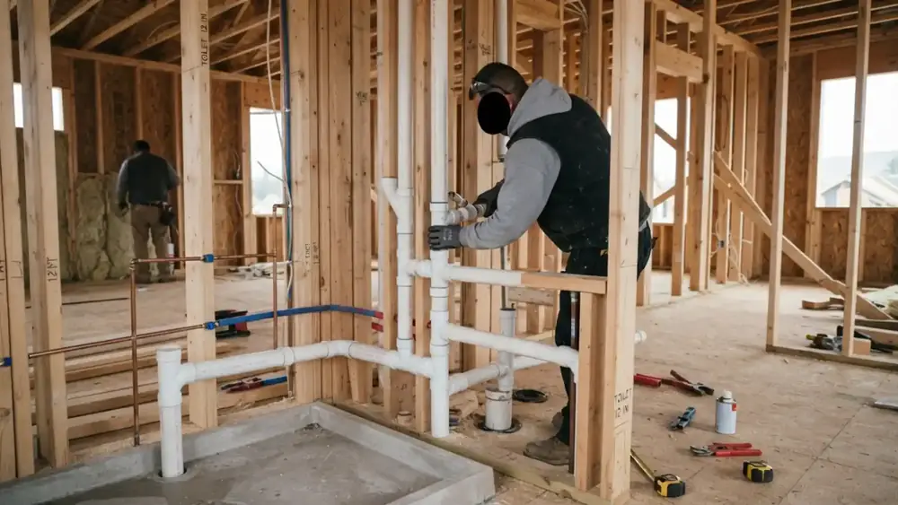 Plumber fitting drain pipes in framing during a build