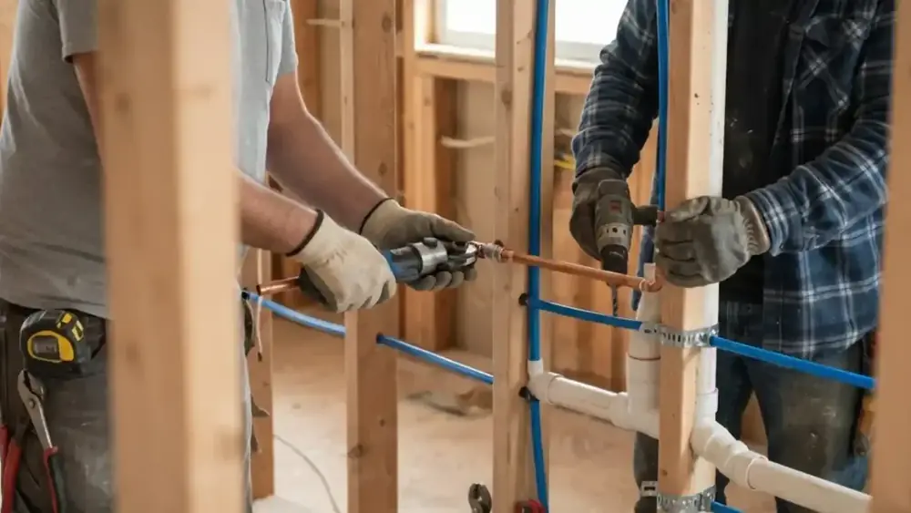 Two workers fitting pipe in wall framing