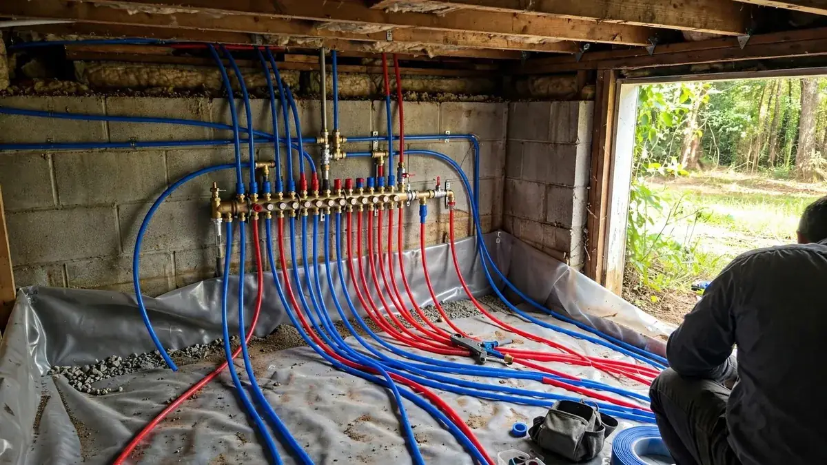 PEX supply lines and a manifold run through basement joists