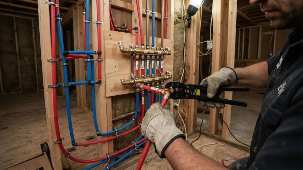 Plumber crimping PEX fittings at a manifold in an open wall