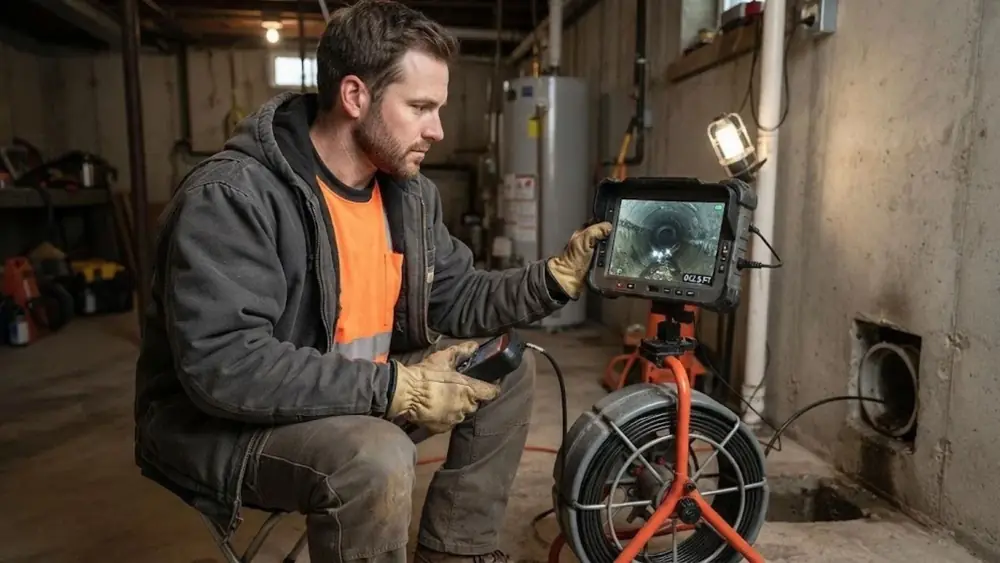 Technician watching a sewer camera monitor in a basement