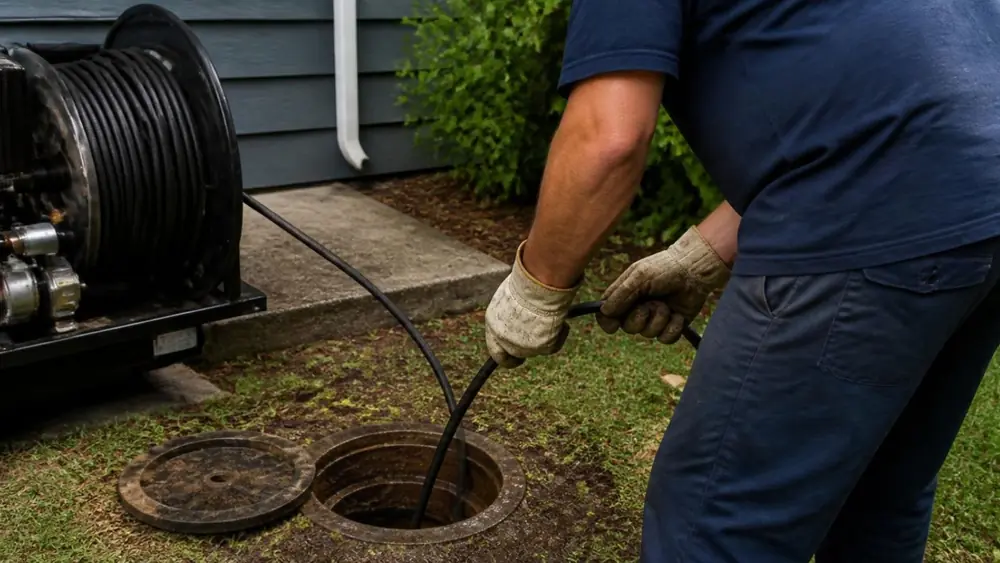 Plumber feeding a drain cable into a yard cleanout