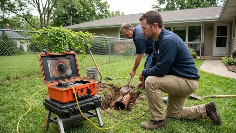 Two plumbers with a sewer camera monitor in a front yard