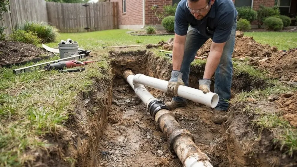 Plumber working in a trench over a sewer line in a residential yard