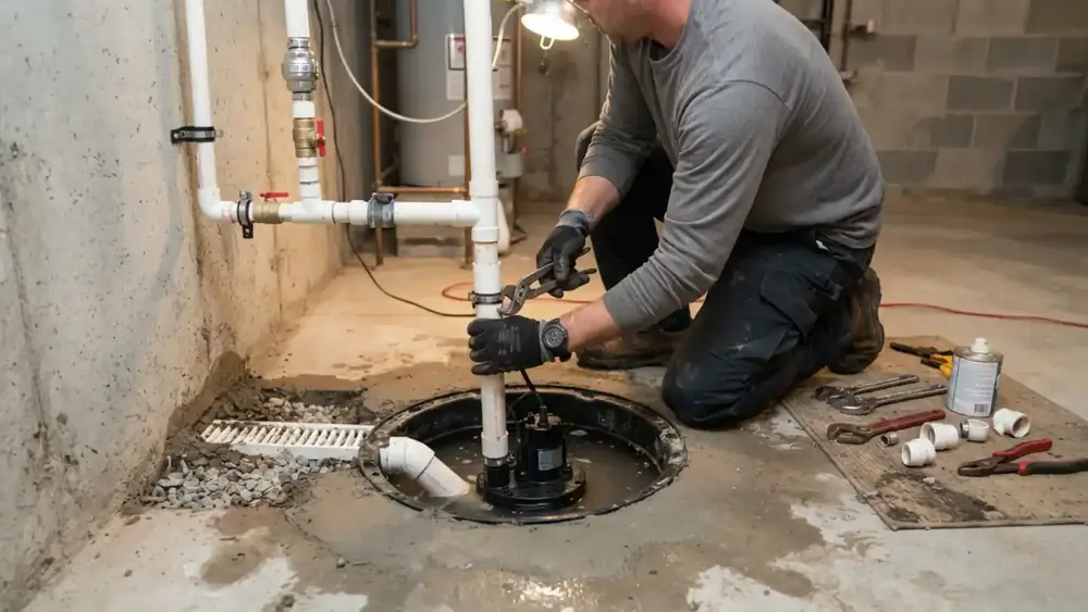 Plumber installing a sump pump in a basement floor pit