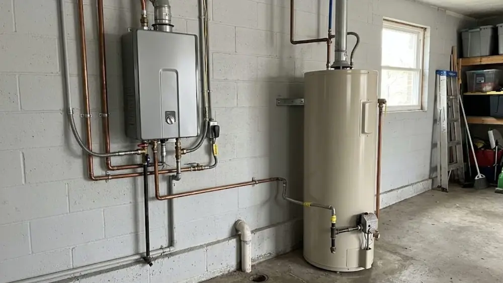 Tankless water heater on the wall beside a tank heater in a basement