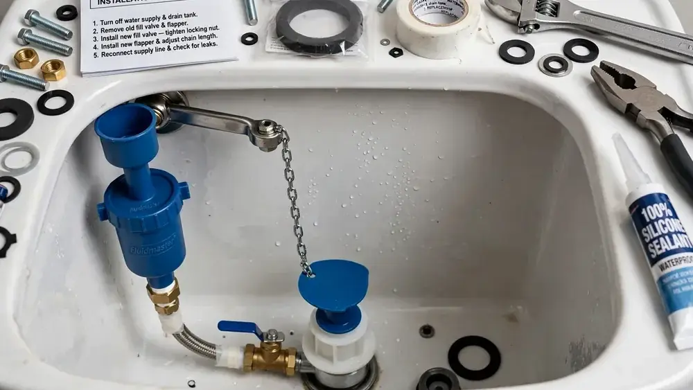 Toilet tank open with a new fill valve and repair parts