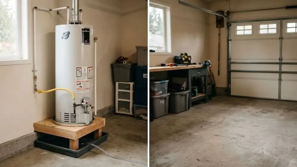 New tank water heater on a stand in a garage