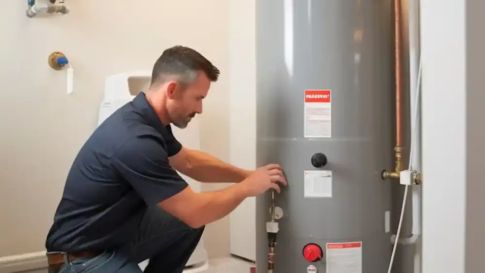Plumber crouched beside a water heater checking the controls