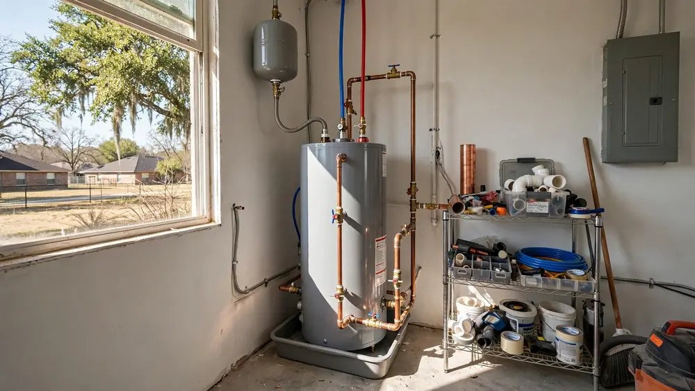Tank water heater with copper lines in a utility room