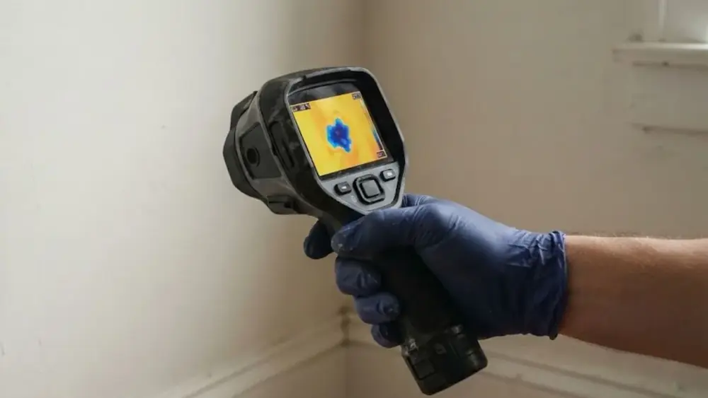 Hand holding a thermal imaging camera against a wall