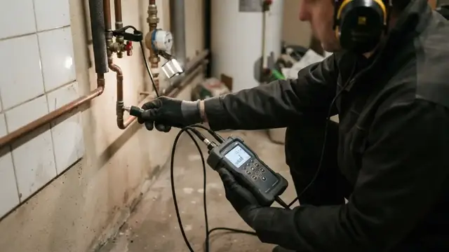Technician with a listening device at a wall pipe